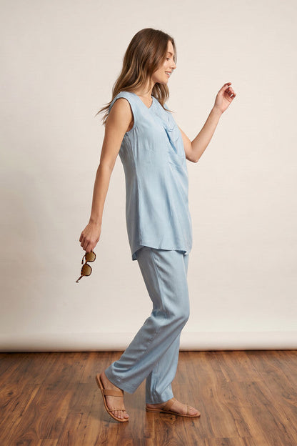 Sky Blue Chic Monochrome Sleeveless Tunic with Straight Pants Solid Russian Co-ord Set