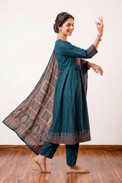 Teal Ethnic Fusion Printed Festive Wear Cotton Kurta Set with Printed Dupatta