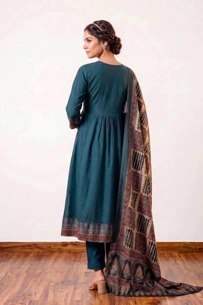 Teal Ethnic Fusion Printed Festive Wear Cotton Kurta Set with Printed Dupatta