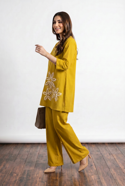 Mustard Floral Embroidery V-Neck Cotton Flex Co-ord Set