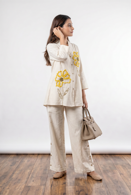 Ivory Floral Embroidery Cotton Flex Co-ord Set