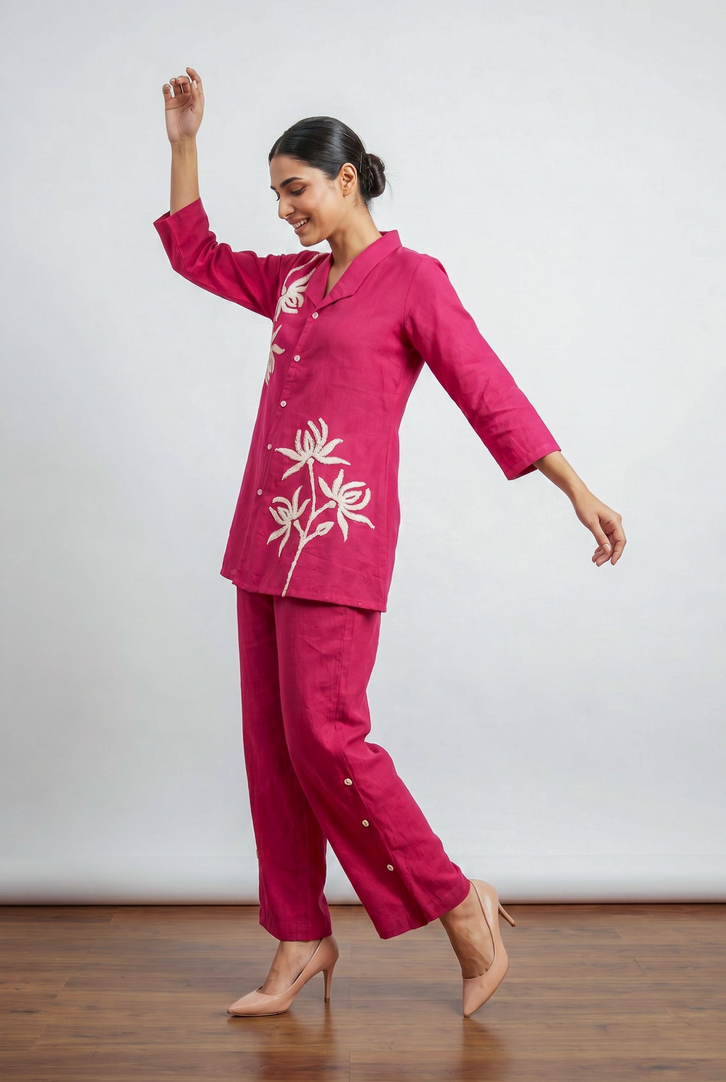 Pink Floral Embroidered Shirt Cotton Co-ord Set