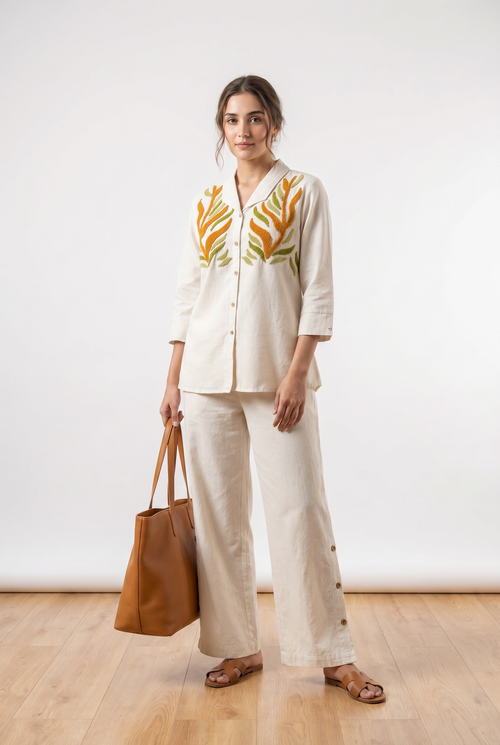 Off White Leaf Embroidered Cotton Flex Co-ord Set