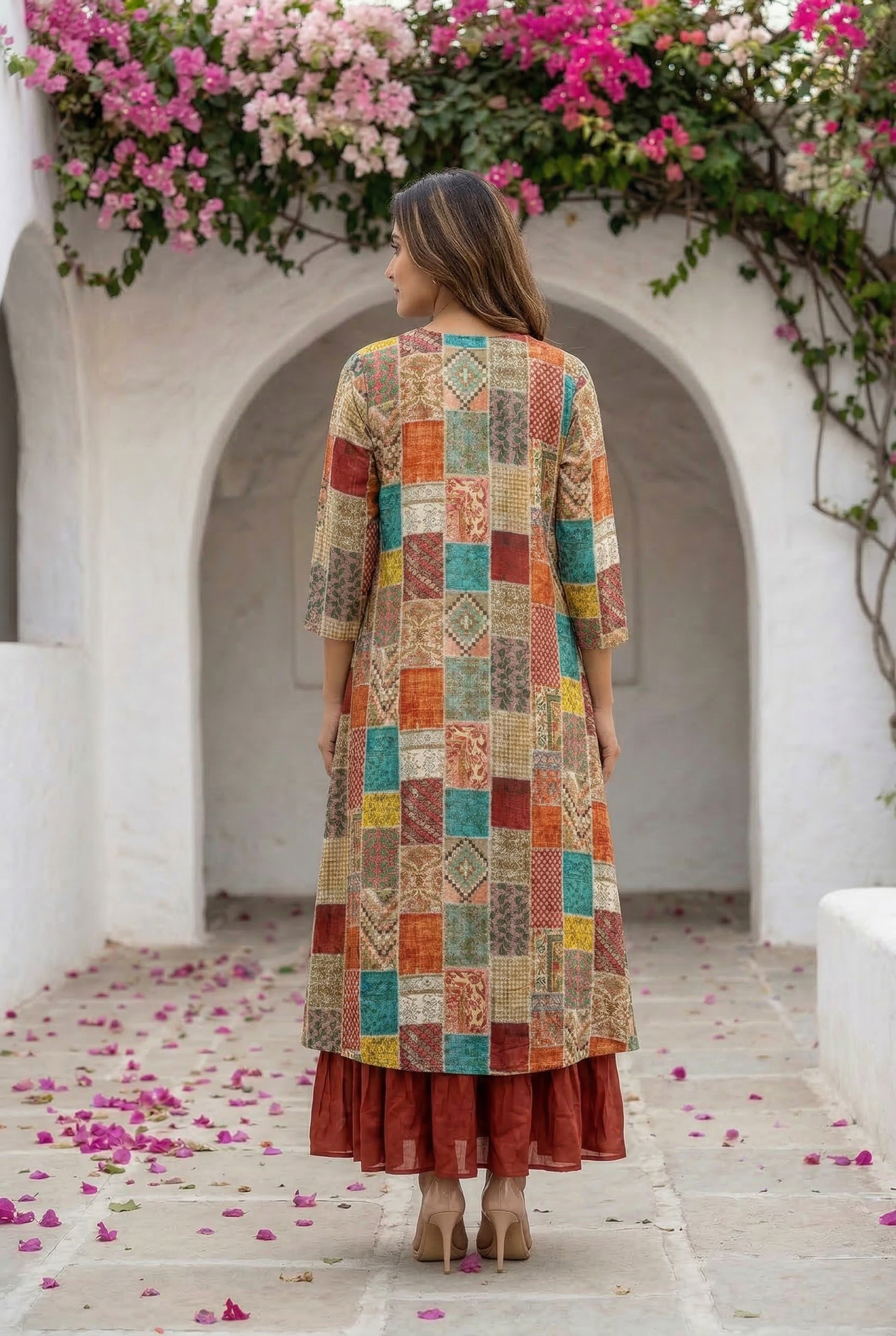 Multicolor Patchwork with Beige Anarkali Russian Silk Long Shrug Set