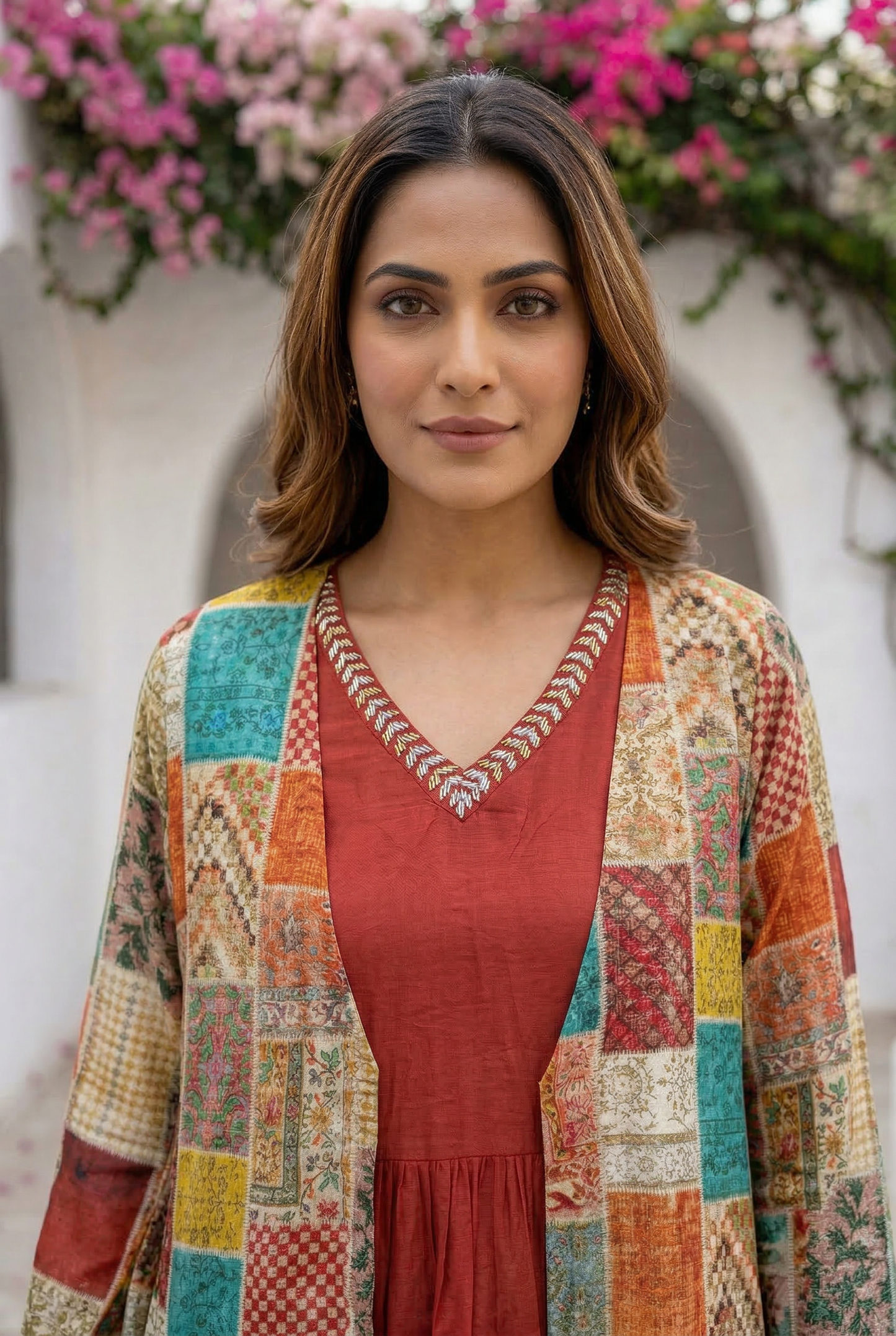Multicolor Patchwork with Beige Anarkali Russian Silk Long Shrug Set