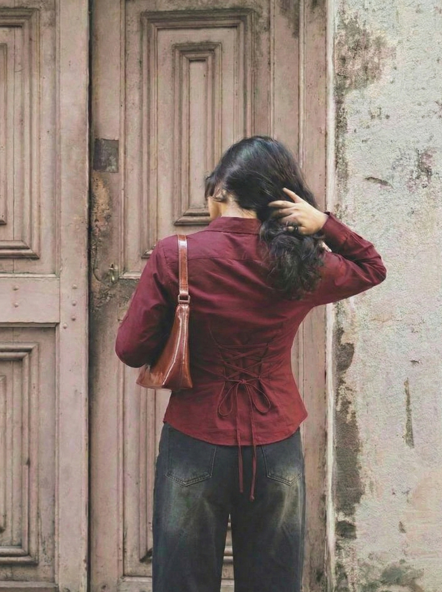 Wine Elegance Fitted Laceback Corset Shirt