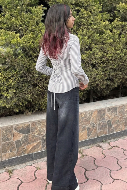 Everyday Grey Stripe Fitted Corset Shirt