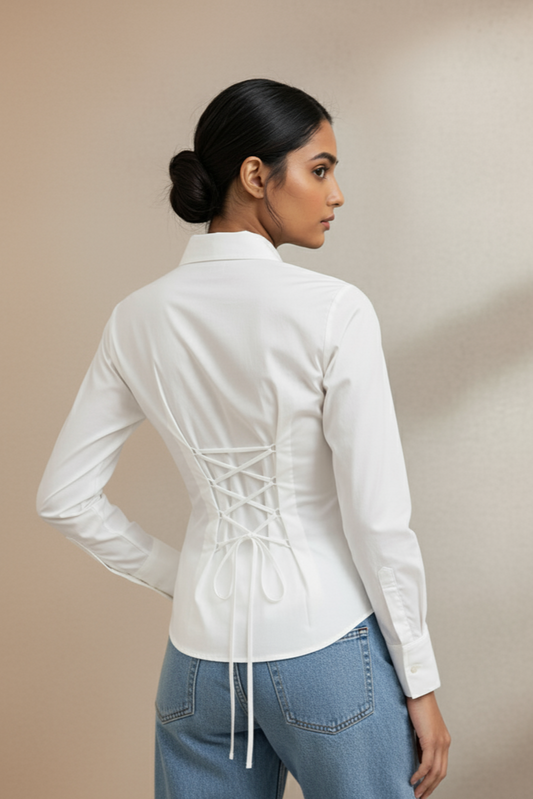 White LaceBack Fitted Corset Shirt