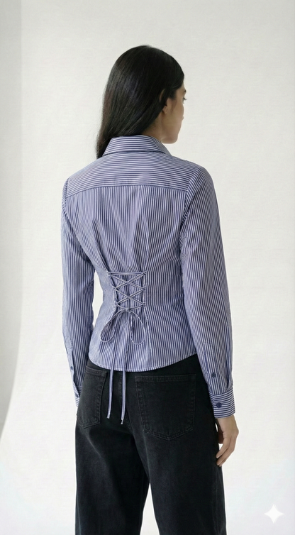 Dark Blue Pinstripe Fitted Corset Shirt