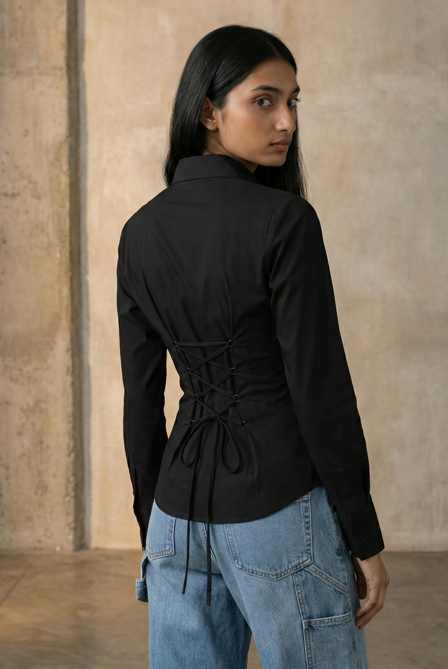 Black LaceBack Fitted Corset Shirt