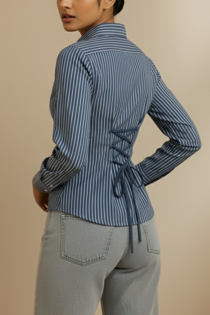 Dark Blue Pinstripe Fitted Corset Shirt