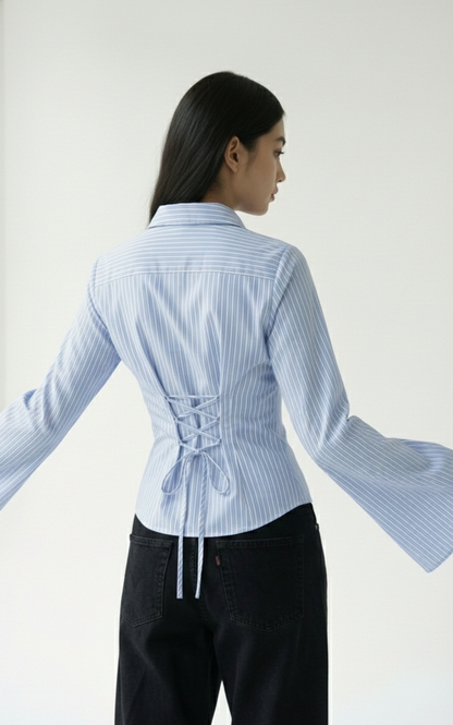 Sky PineStripe Flare Corset Fitted Shirt