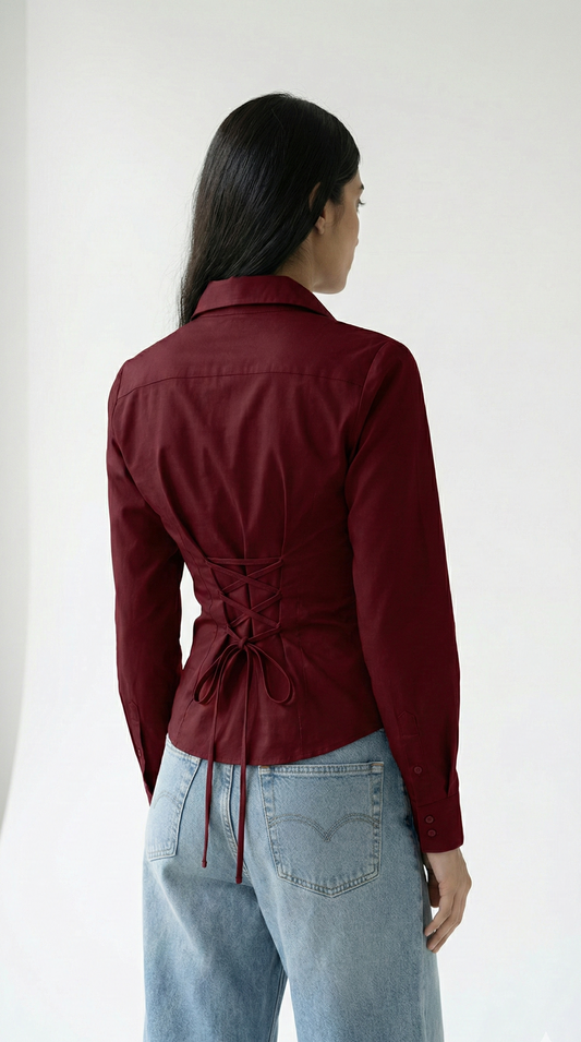 Wine Elegance Fitted Laceback Corset Shirt