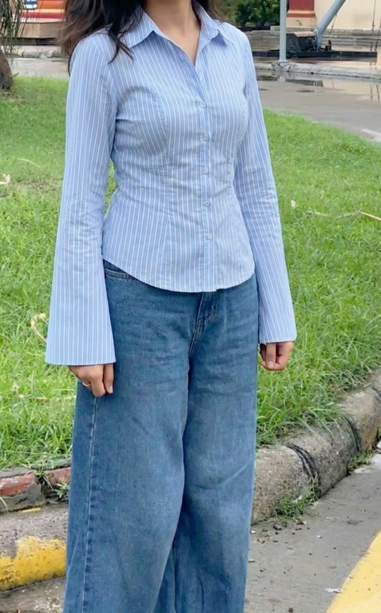 Sky PineStripe Flare Corset Fitted Shirt