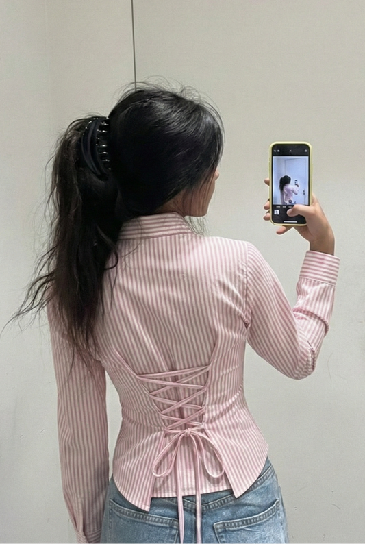 Pink Stripe Twist Fitted Corset Shirt