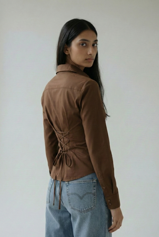 Espresso Brown Fitted Corset laceback shirt