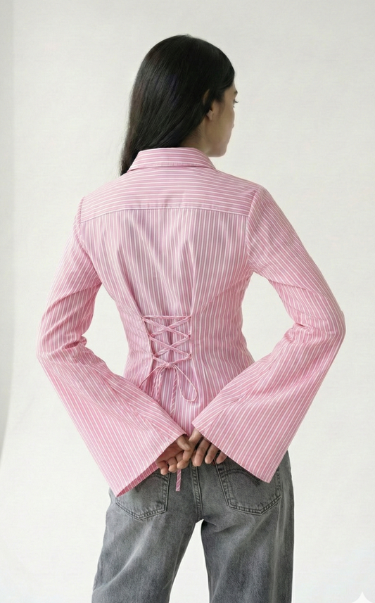 Blush Pink PineStripe Flare Corset Fitted Shirt