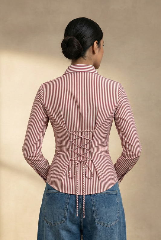 Cherry Lady Stripe Fitted Laceback Corset Shirt