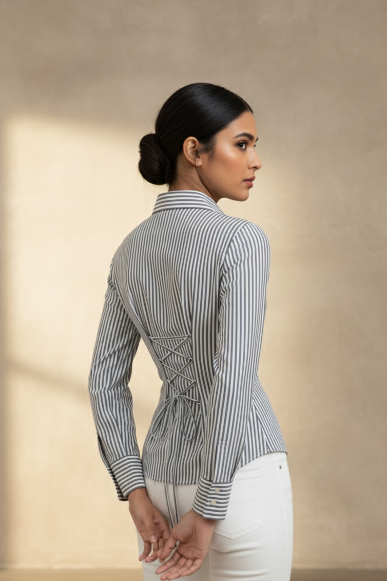 Everyday Grey Stripe Fitted Corset Shirt