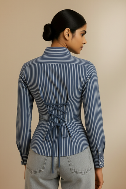 Dark Blue Pinstripe Fitted Corset Shirt