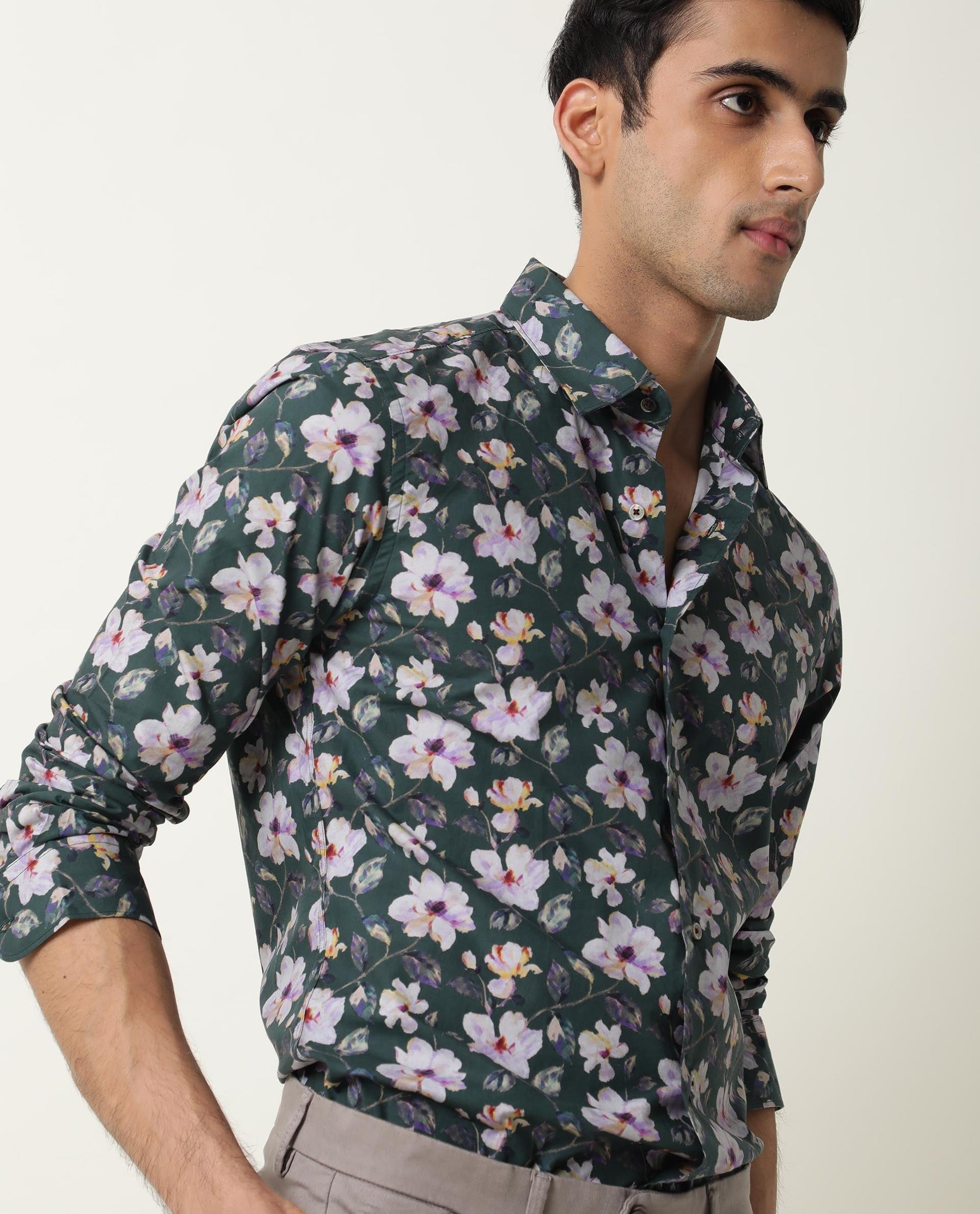 Paintt Green Floral Print Full Sleeves Shirt