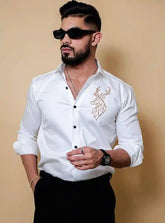 Deer  Embroidered White Luxury Cotton Shirt