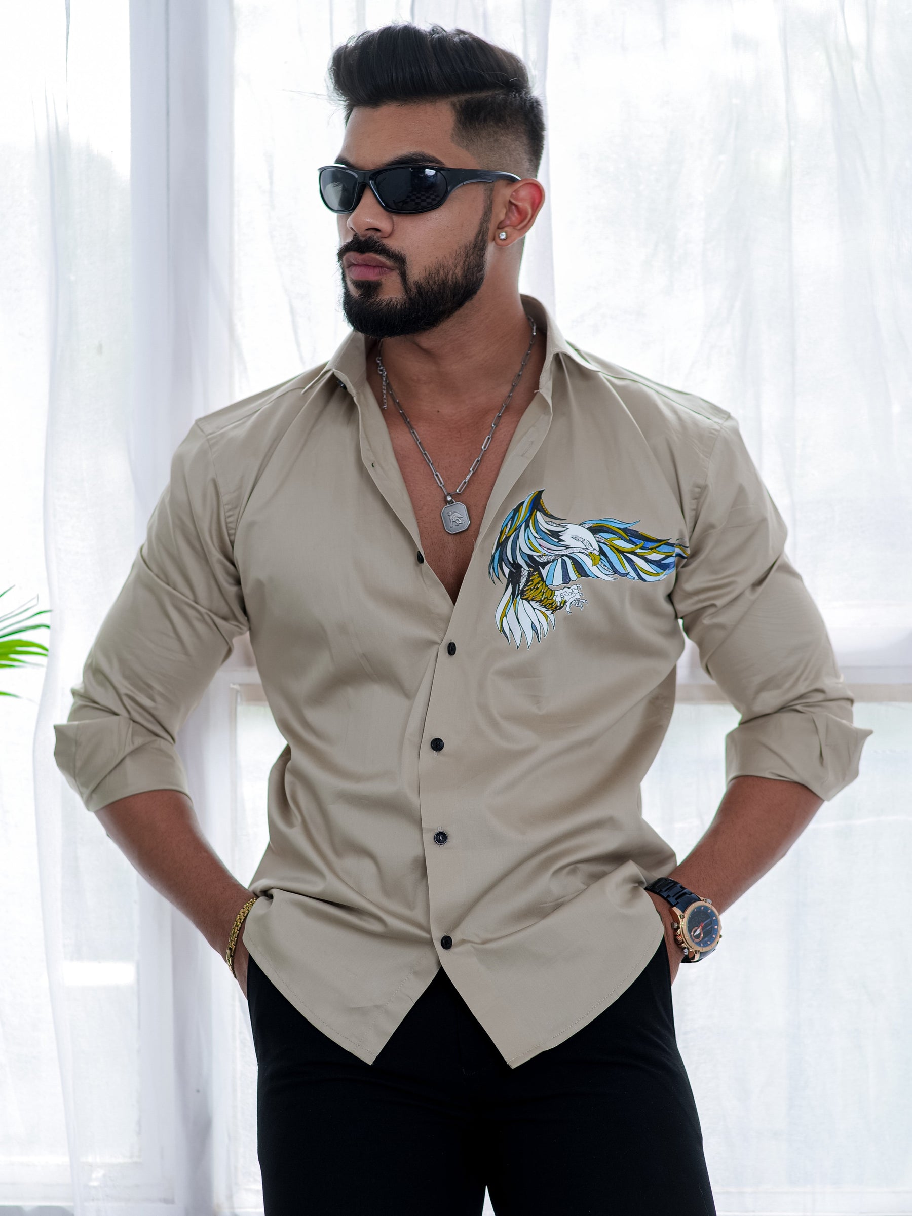 Beige Club Wear Printed Shirt