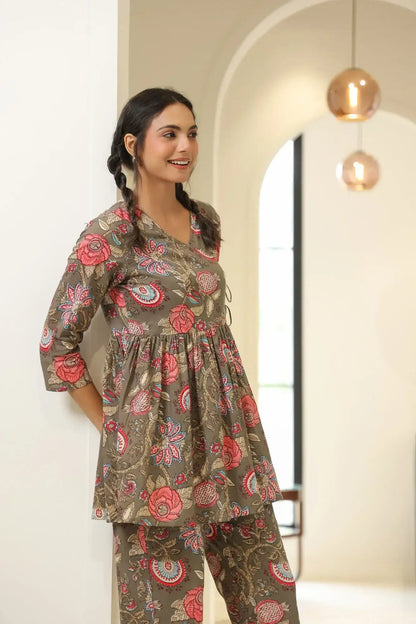 Antique Grey Angrakha Cotton Co-ord Set