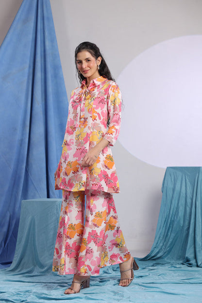 Pink Multicolour Floral Printed Russian Silk Co-ord Set