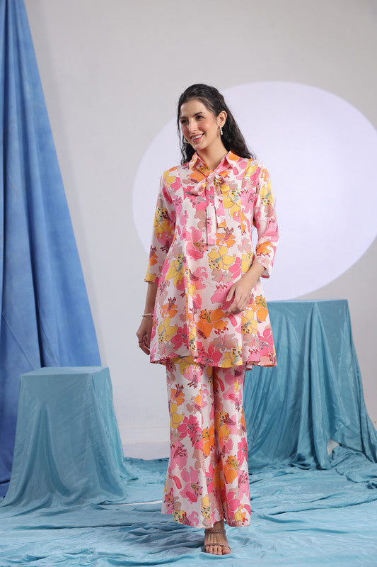 Pink Multicolour Floral Printed Russian Silk Co-ord Set