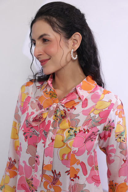 Pink Multicolour Floral Printed Russian Silk Co-ord Set