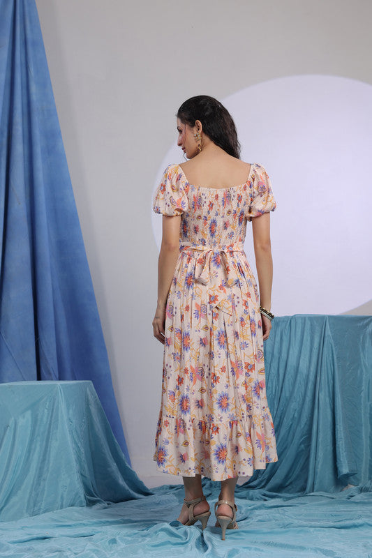 Multicoloured Floral Print Smocked Russian Silk Midi Dress