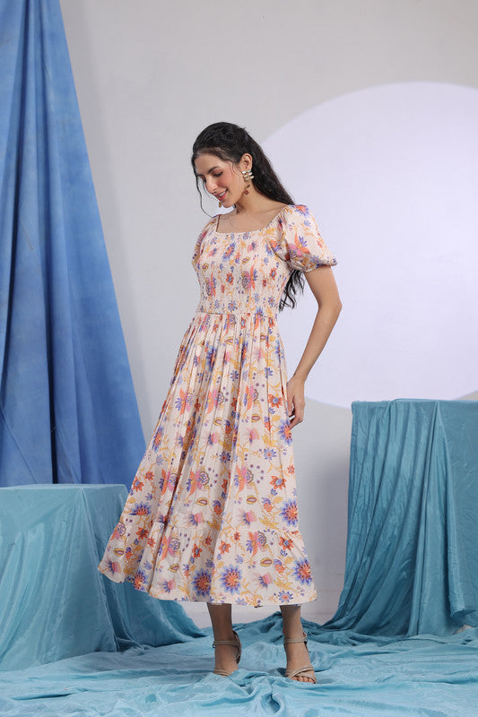 Multicoloured Floral Print Smocked Russian Silk Midi Dress