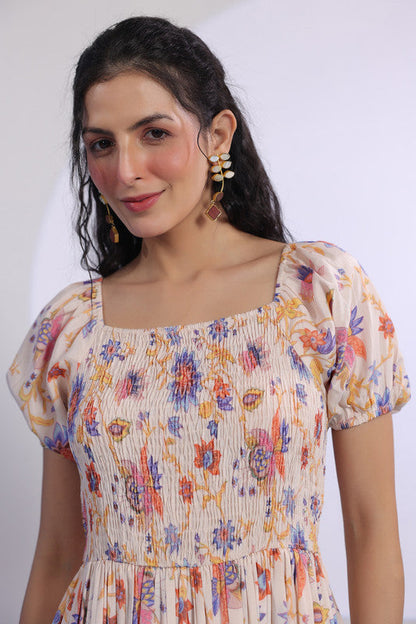 Multicoloured Floral Print Smocked Russian Silk Midi Dress