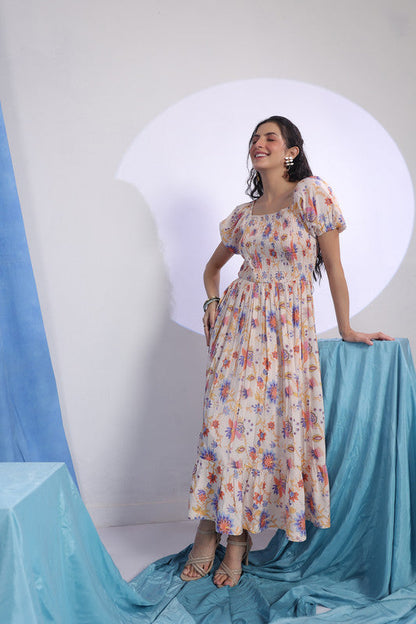 Multicoloured Floral Print Smocked Russian Silk Midi Dress