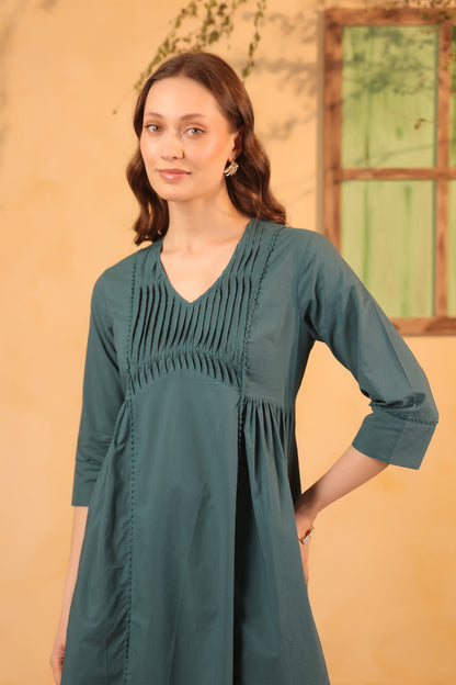 Green Classic Pintuck Solid Cotton Designer Kurta with Pant Set
