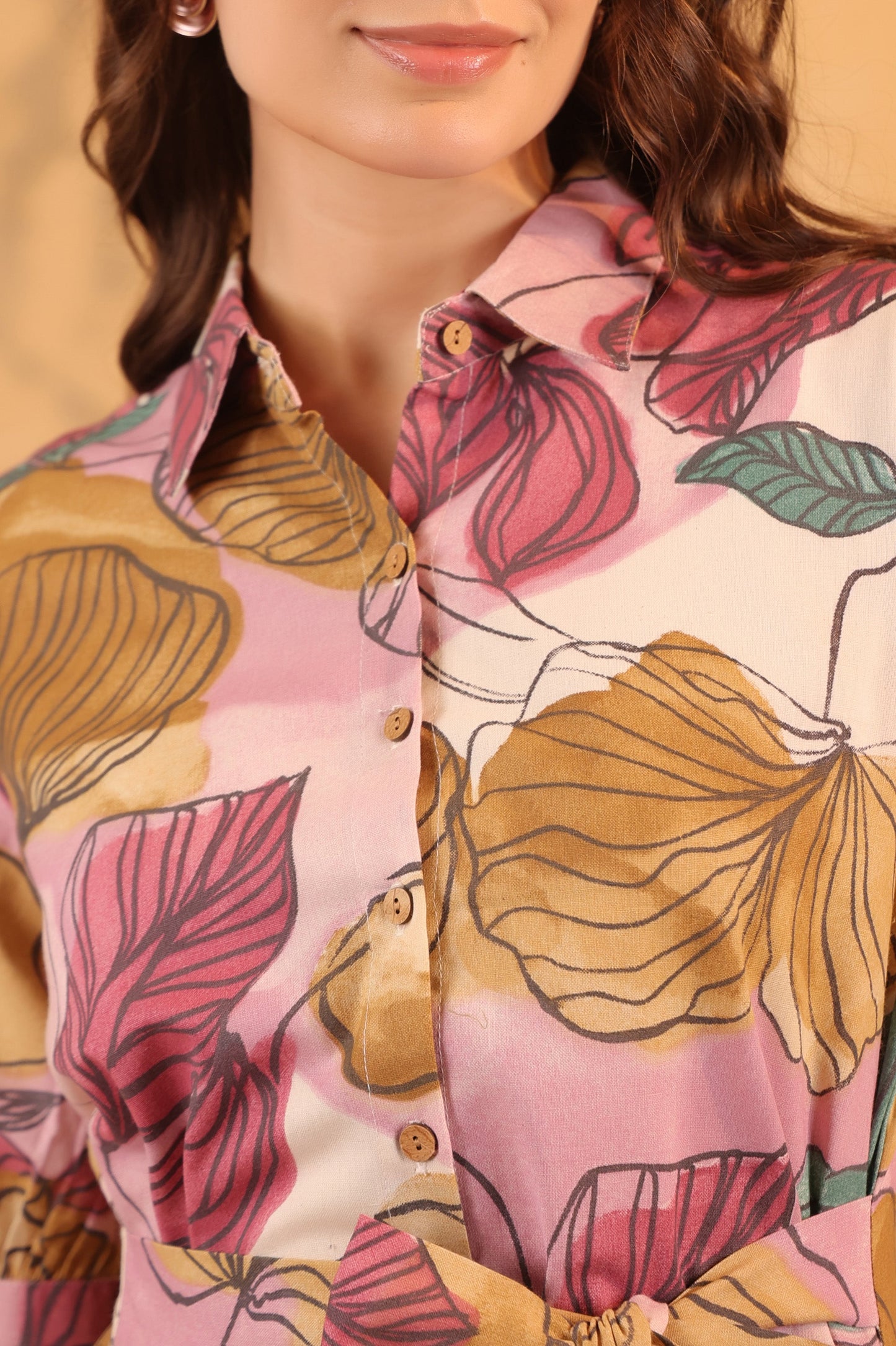 Pink Multi-Leaf Printed Cotton Flex Tie-Up Waist Midi Dress