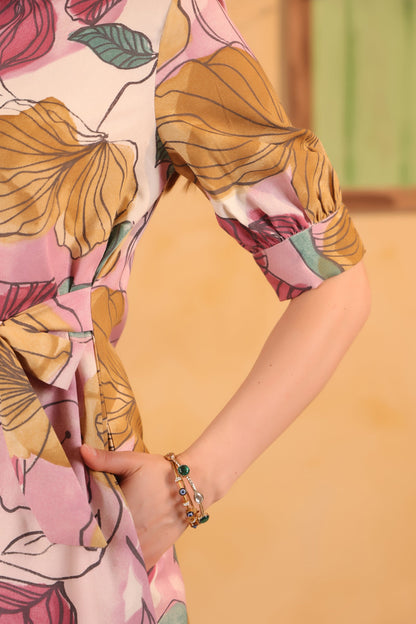 Pink Multi-Leaf Printed Cotton Flex Tie-Up Waist Midi Dress