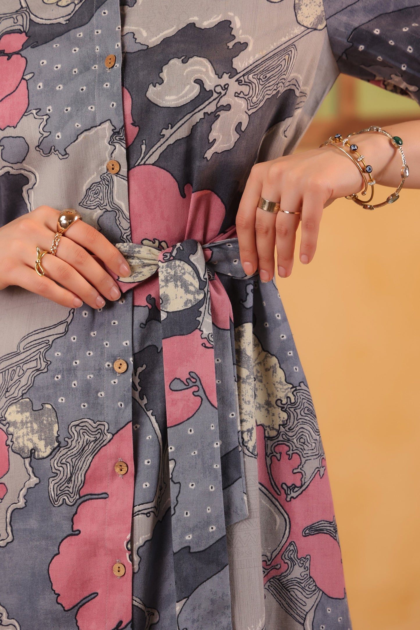 Grey Multi-Floral Abstract Printed Cotton Flex Button-Front Tie-Waist Midi Dress