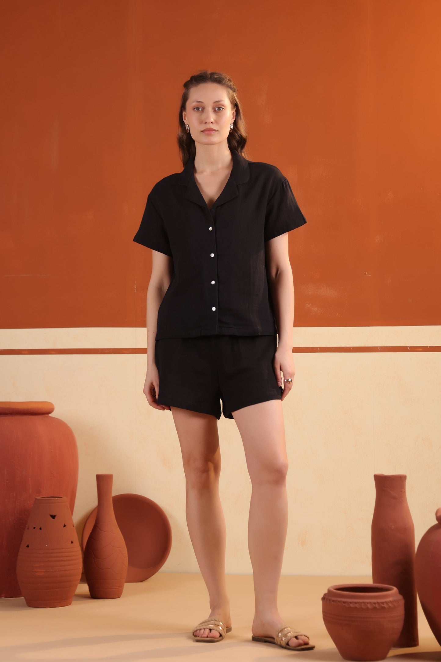 Black Solid Cotton Night Suit Set With Shorts