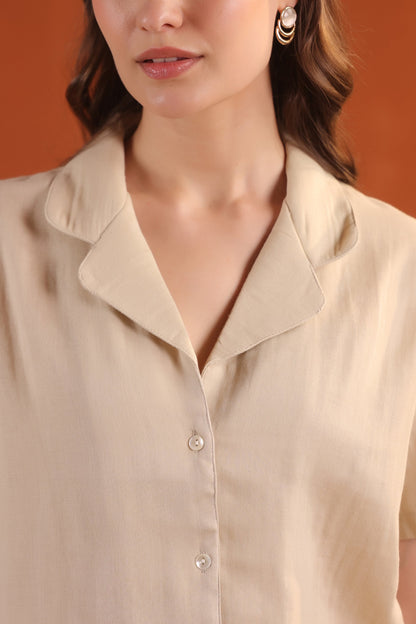 Beige Solid Short Sleeve Night Suit Set