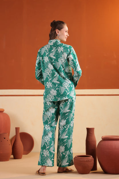 Green Floral Button-Down Printed Two Piece Cotton Co-ord Set