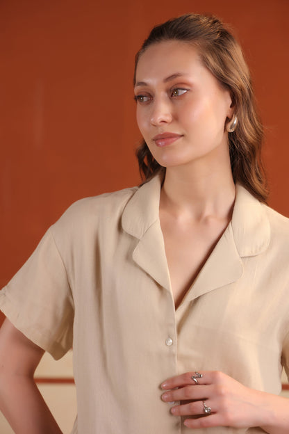Beige Solid Short Cotton Night Suit Set With Pants