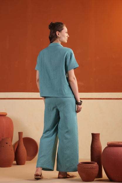 Blue Solid Cotton Button-Down Short Sleeve Night Suit Set