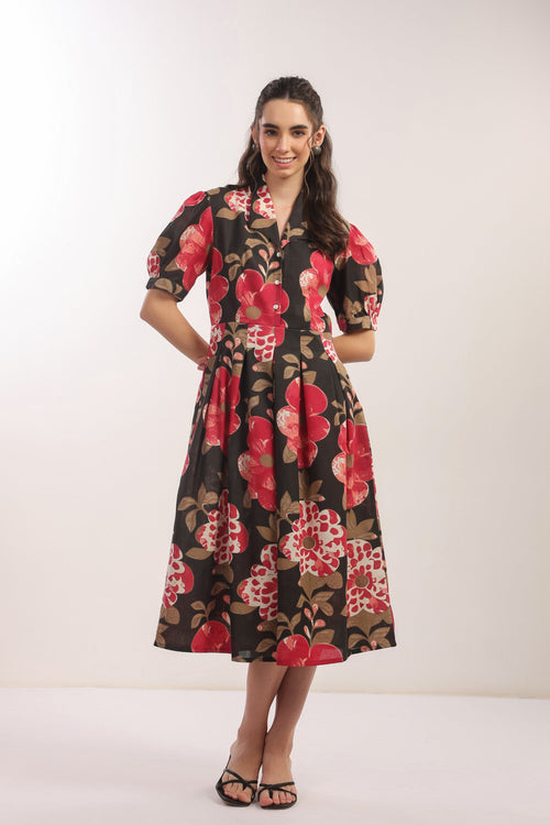 Bold Blossom Black Floral Midi Cotton Flex Dress