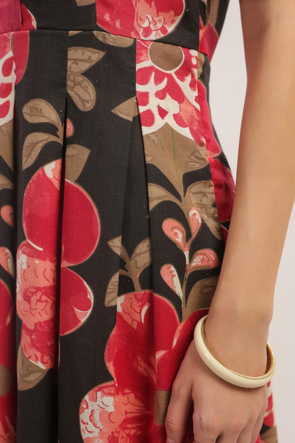 Bold Blossom Black Floral Midi Cotton Flex Dress