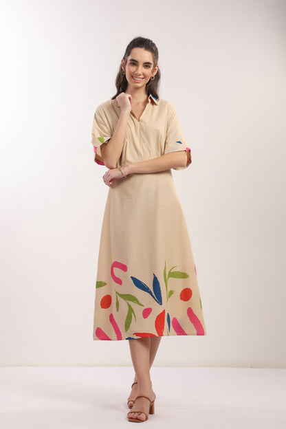 Beige Breeze Botanical Shirt Cotton Dress