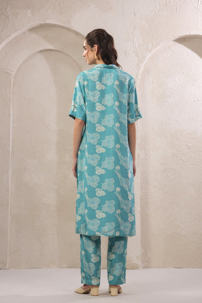Frosted Petals Blue Russian Silk Co-ord Set