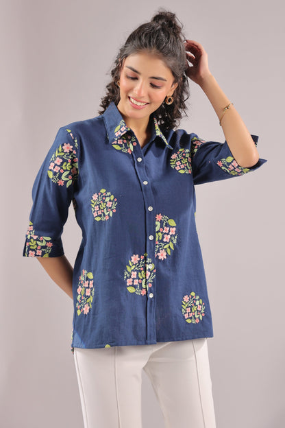 Navy Petal Embroidered Cotton Flex Shirt