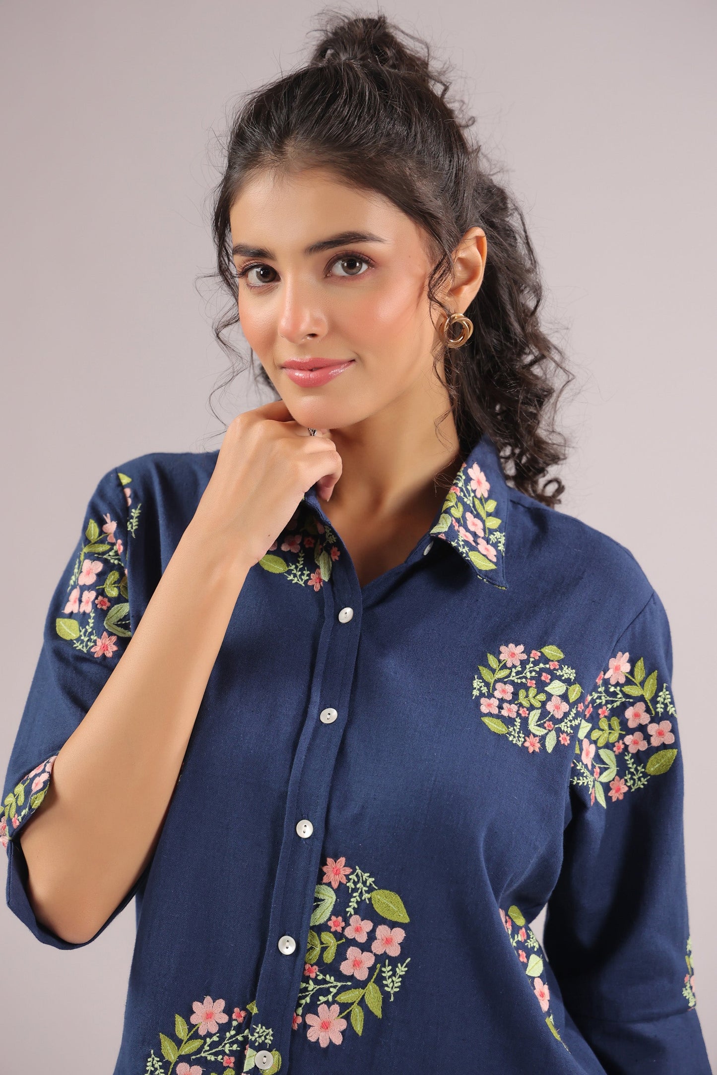 Navy Petal Embroidered Cotton Flex Shirt
